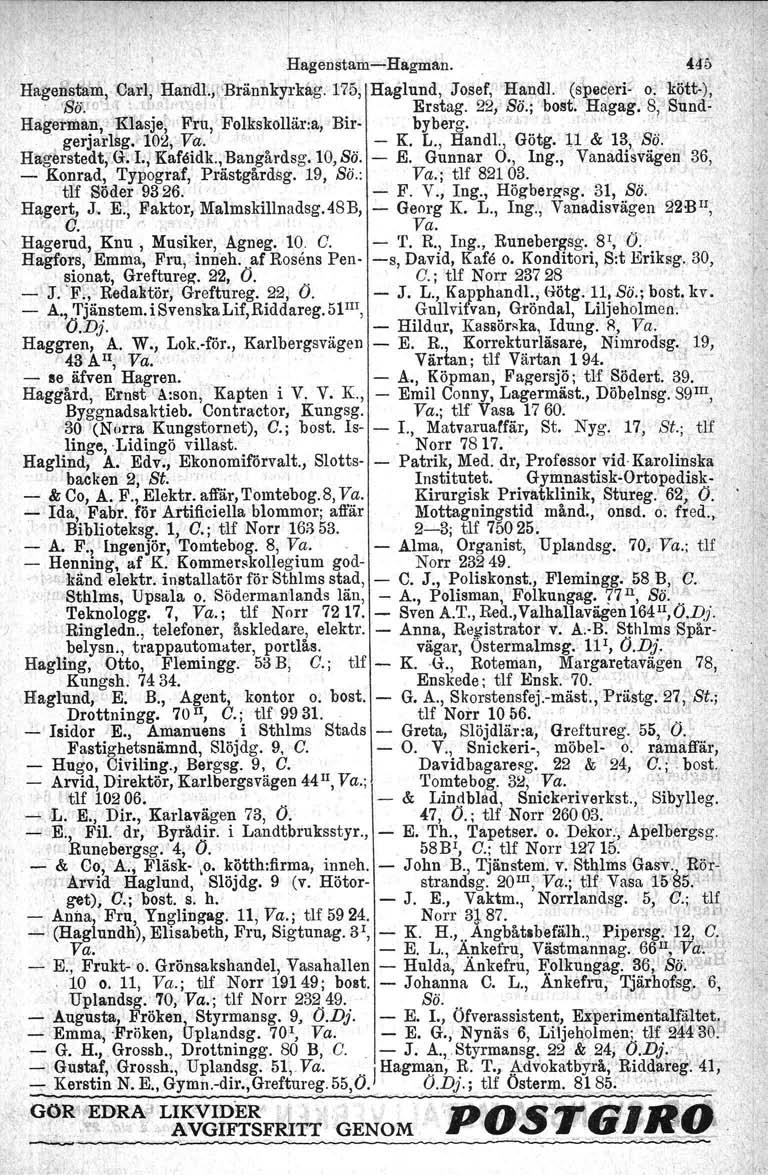 Hagenstam-c-Hagmåa. Hagenstltm;,Carcl;Han'dl.;!,Brännkyrkag. 175,Haglund, Josef, Handl. (s~pec'err o>kött-')',, '(SöW:ll.,~., [' Erstag. 22,'Sö.;'bost.,Hagag.'8,'Sund- Ha~er'man;' 'Kla.