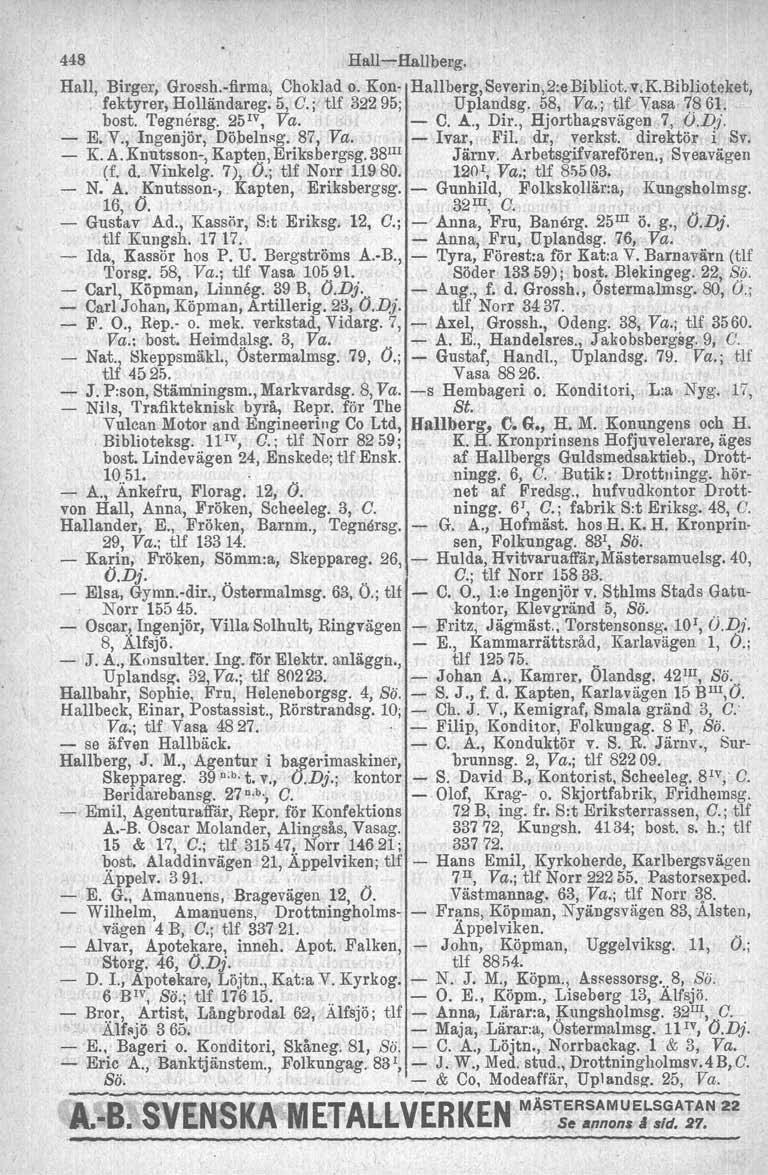 448 Hall-Hallberg. Hall, Birger, Grossh-flrma, Choklad o. Kon- Hallberg, Severin,2:e Bibliot. v.k.bibliote)l:et, fektyrer, Holländareg. 5, C.; tlf 32295;. Uplandsg. 58, Vq.; tlf Vasa 1$ 61. bost.