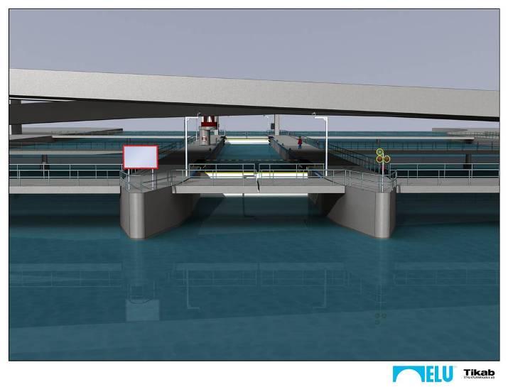 Figur 2.1.13. Principiell bild av slusskanalen sedd från öster Vägbron görs sabelformad och i fyra spann. Det längre spannet görs med mellanstöd ned i slusskammarens väggar.