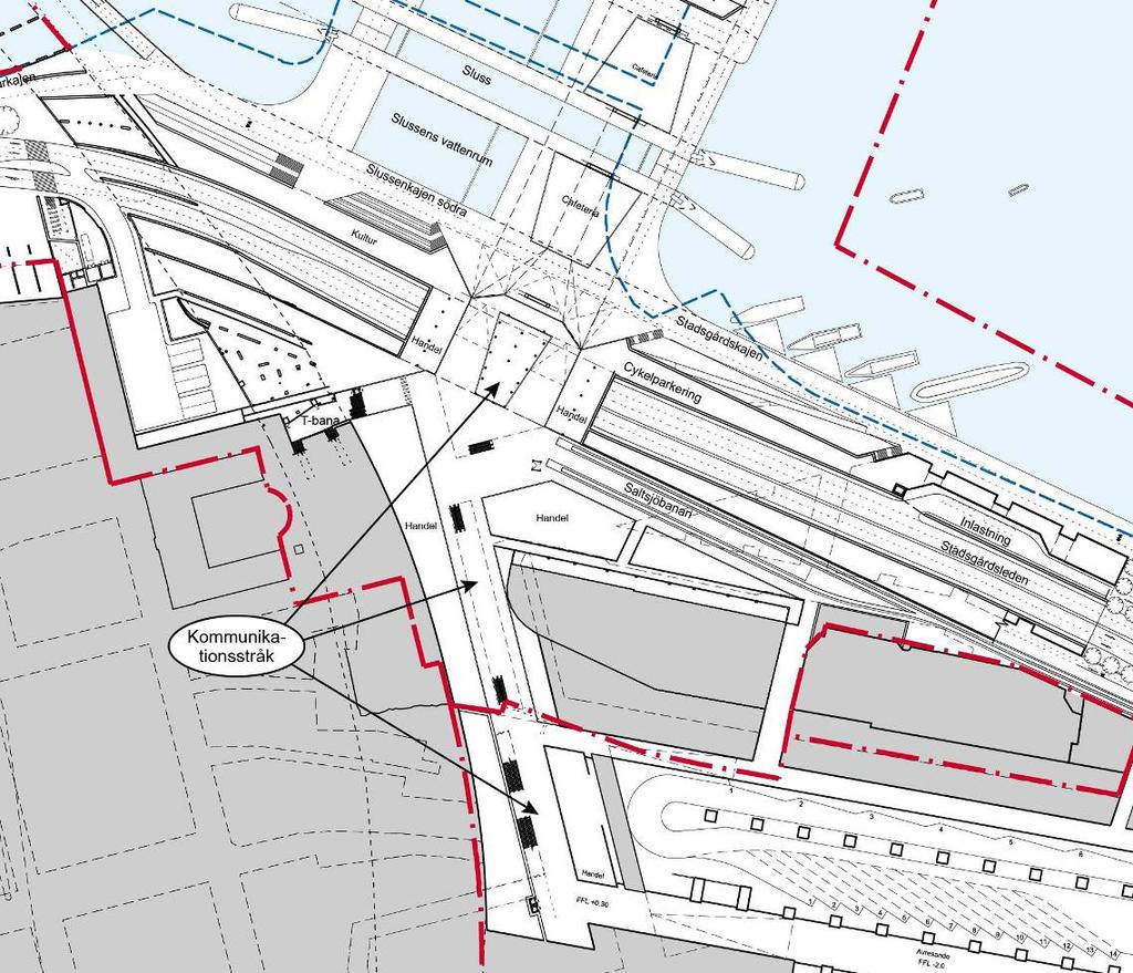 2.1.7. Byggnader Kommunikationsstråket Ett kommunikationsstråk planeras gå från bussterminalen i söder till slussområdet i norr, se figur X.19.
