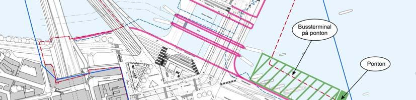 Förslag till arbetsområde till sjöss och lokalisering av en tillfällig bussterminal på ponton (grönt område) En tillfällig bussterminal måste finnas när den nuvarande terminalen rivits och innan den