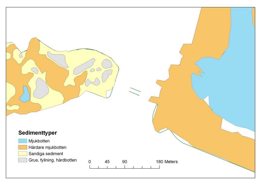 Figur 2.2.1. Ungefärlig klassning av ytsedimenttyper i de områden som berörs av den planerade vattenverksamheten vid ombyggnaden av Slussen. Efter analyser av Marin Miljöanalys AB, 2009-05-18).