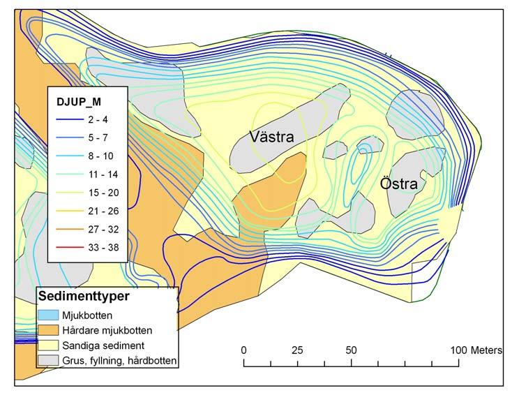 Figur 2.2.2. Djuphålorna i arbetsområdet. Ungefärlig utbredning av sedimenttyper (efter Marin Miljöanalys AB) samt vattendjup. 2.2.3.
