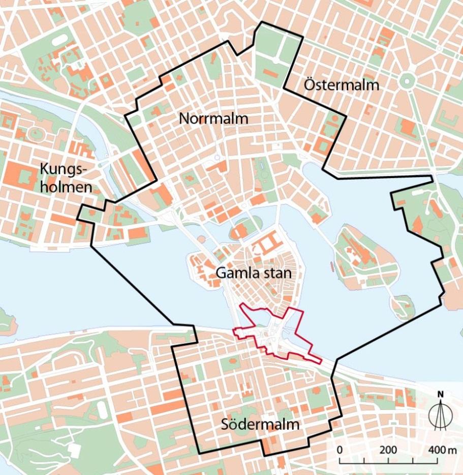 Figur 3.1.2. Gamla stan samt delar av Södermalm och Norrmalm. Den svarta linjen visar utbredning av fornlämningsområdet Stockholm RAÄ 103.
