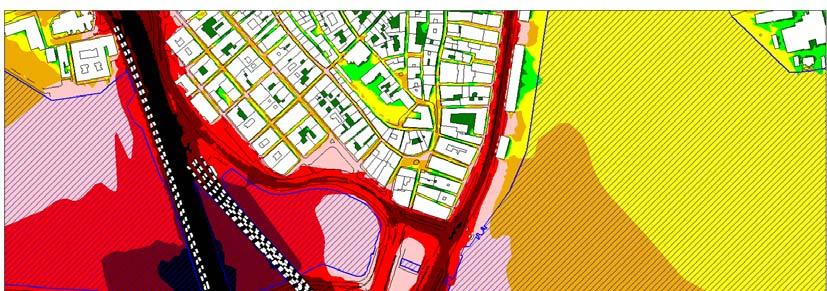 Figur 3.2.1. Nuvarande ekvivalenta ljudnivåer från väg- och spårtrafik dagtid (kl 06-18). (Källa: http://www.map.stockholm. se/kartago/, 2011-03-25, Norconsult mars 2011).
