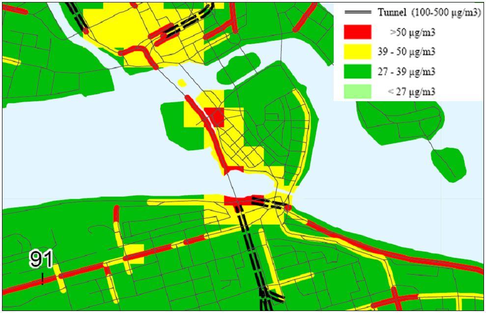 Figur 3.4.2. Partikelhalt (PM10) kring Slussen(utsnitt ur karta på http://www.stockholm.se/klimatmiljo) Från år 2015 gäller även miljökvalitetsnormer för mindre partiklar (PM2,5).