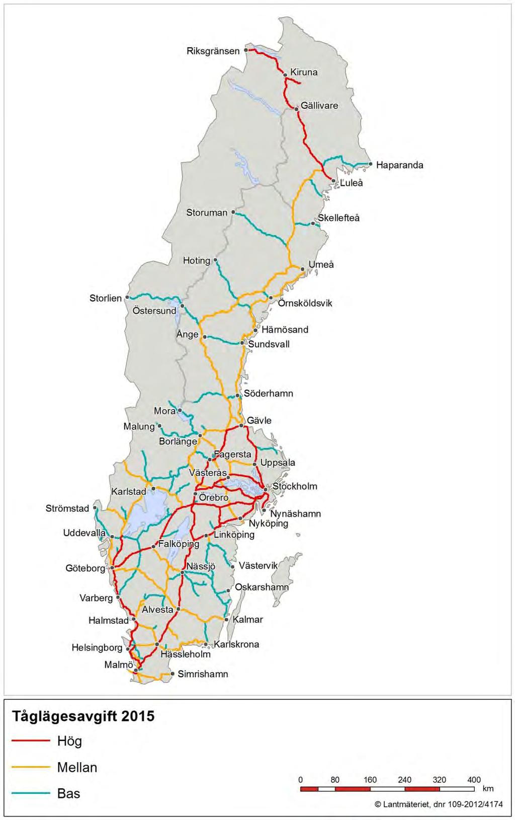 Figur 6.1 Tåglägesavgift indelning per nivå hög, mellan och bas.