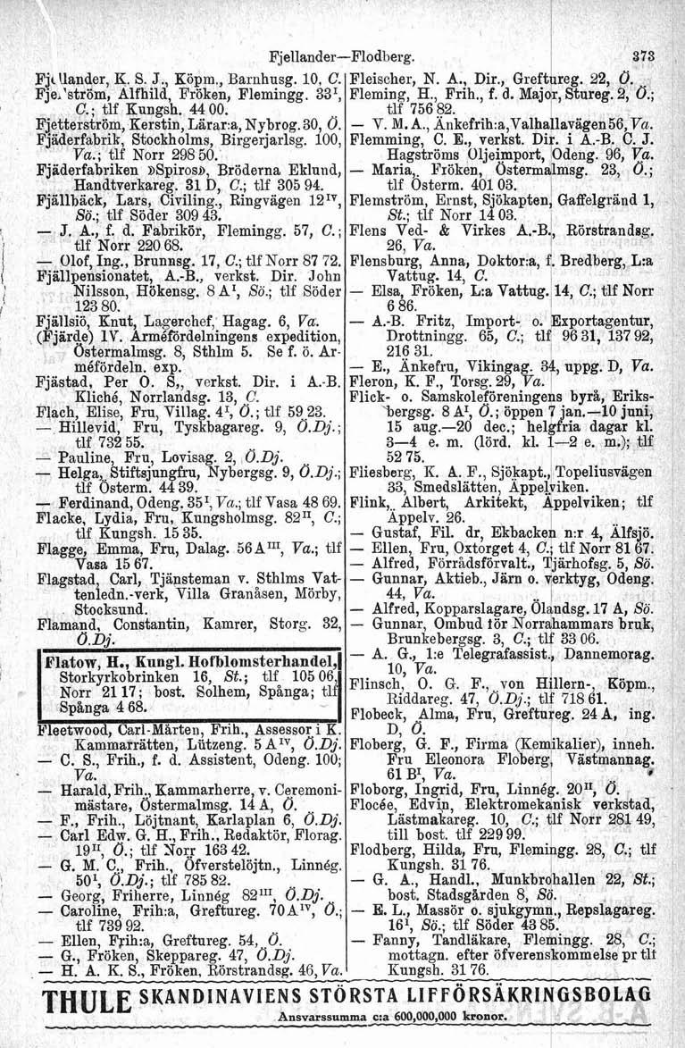 Fjellander-Flodberg. 373 Fjtiiander, K. S. J., Köpm., Barnhusg. 10, C. FjeA1ström, Alfhild, Fröken, Flemingg. 33', C.; tlf Kungsh. 44 00. Fjetterström, Kerstin, Lärara, Nybrog. 30, O.