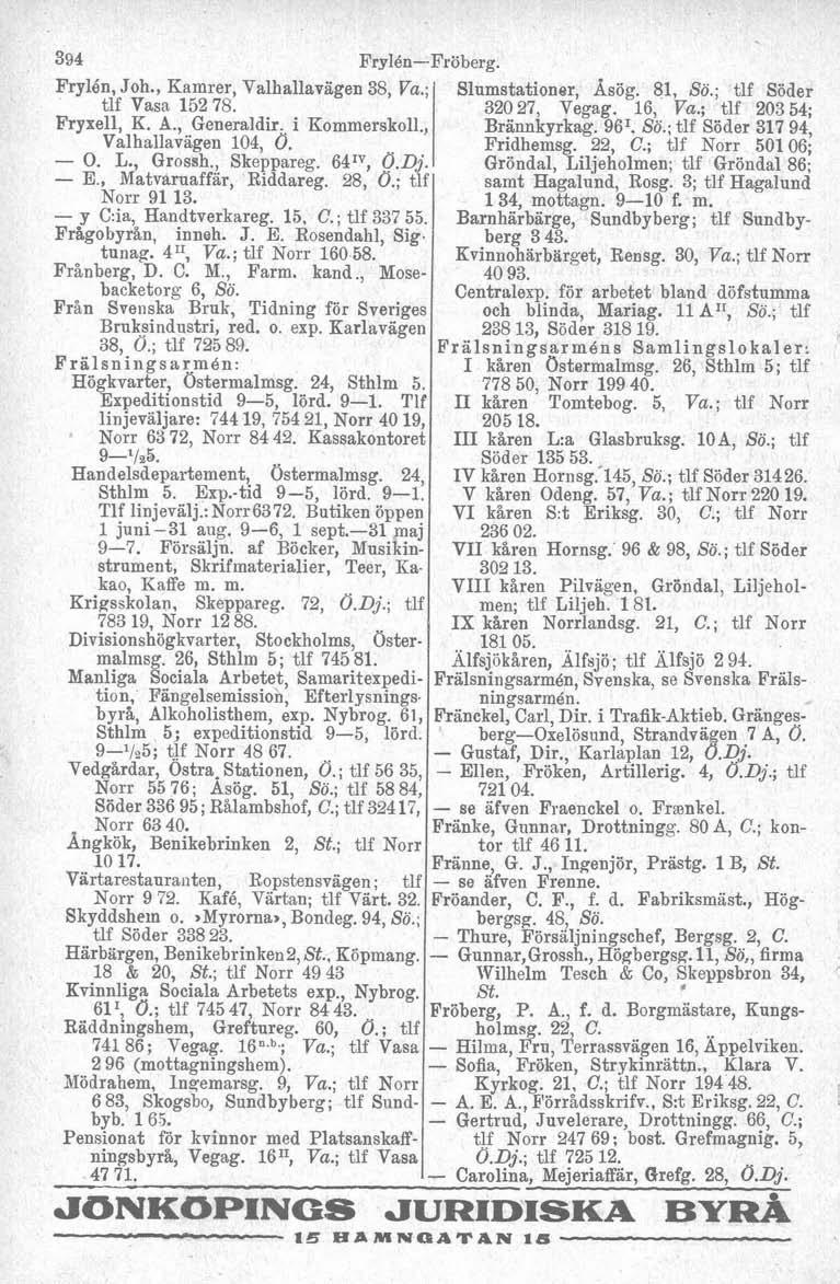 394 FrylBn-5 W,"' L,,lén, Joh., Kamrer, Valhallavägen 38, ; tlf Vasa 152 78. Fryxell, K. A., Generaldir. i Kommerskoll., Valhallavageii 104, Ö. - O. L., Grossh., Skeppareg. 641V, Ö.Dj.