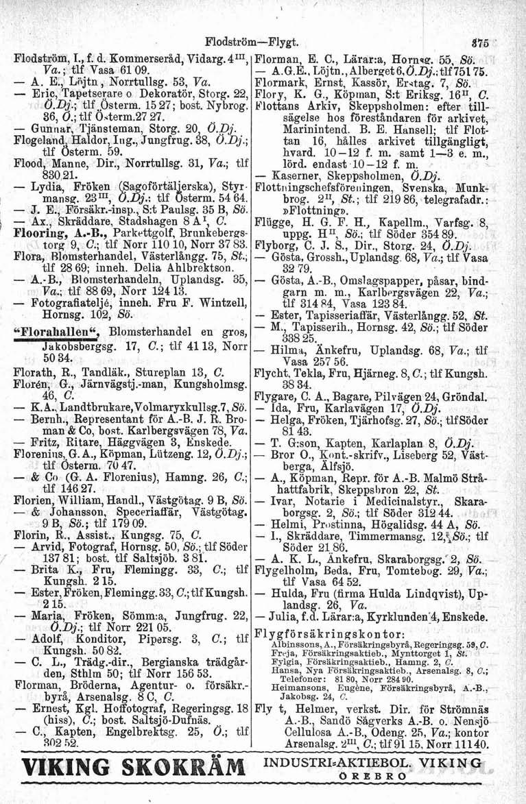 Flodström, T., f. d. Kommerseråd, Vidarg.4"', ; tlf Vasa 6109. A. E., Liijtn, Norrtullsg. 53, - Eric, Tapetserare o Dekoratör, Storg. 22, O.Dj.; tlf..österm. 1527; bost. Nybrog. 36, 0.; tlf O.term.27 27.