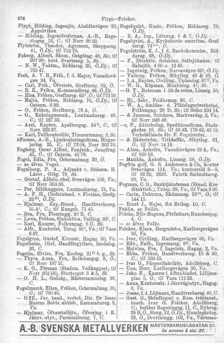 376 Flygt-Folcker. Fogel uist, Karin, Fröken, Riddareg. 76, Fiygt,..Hilding, ngenjör, Aladdinvagen 29, Appelviken. - Hilding, ngeniörsdrman, A.-B., Regeringsg. 13, C.; tlf Norr 90 22.