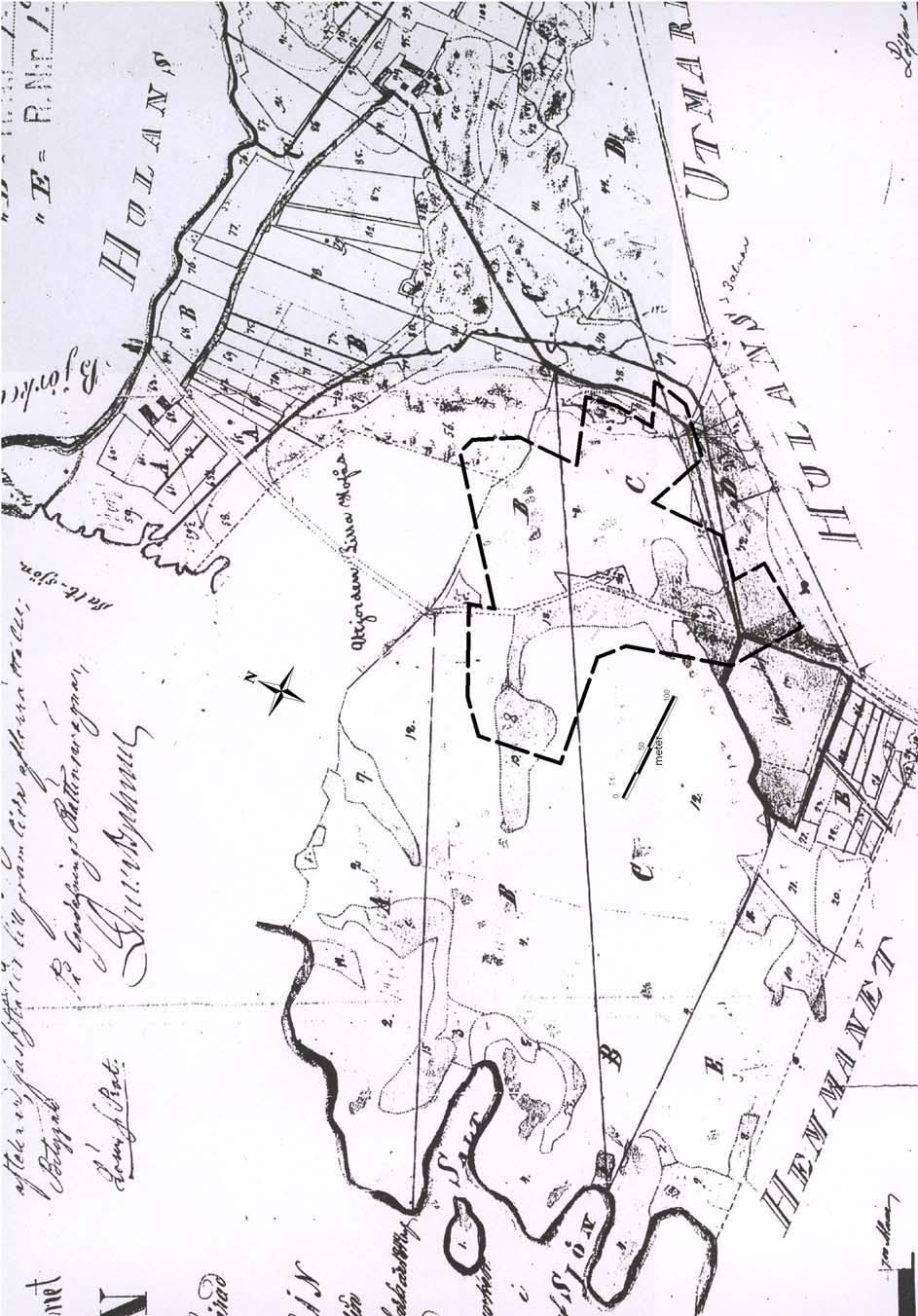 Figur 5. Utsnitt ur Karta öfver utmarken till Hemmanet Hagen från 1848.