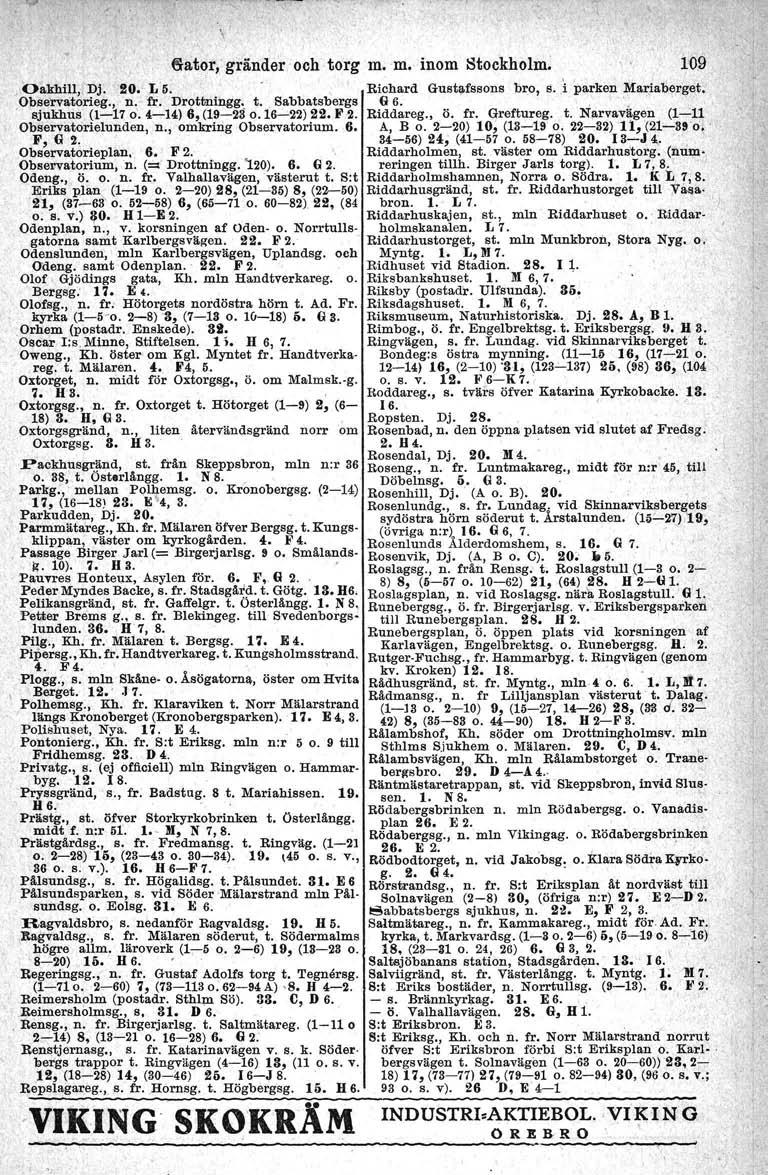 ('lat or, gränder och torg m. m. inom Stockholm, \. 1'0,9,Oakhill,,'Dj. '20.' L 5:,, Richard Gustafssons bro, S.,I parken MaI1ab~rget.Observatorieg., n.' fr. Drottnlngg -. t.,sabbatsbergs G6.