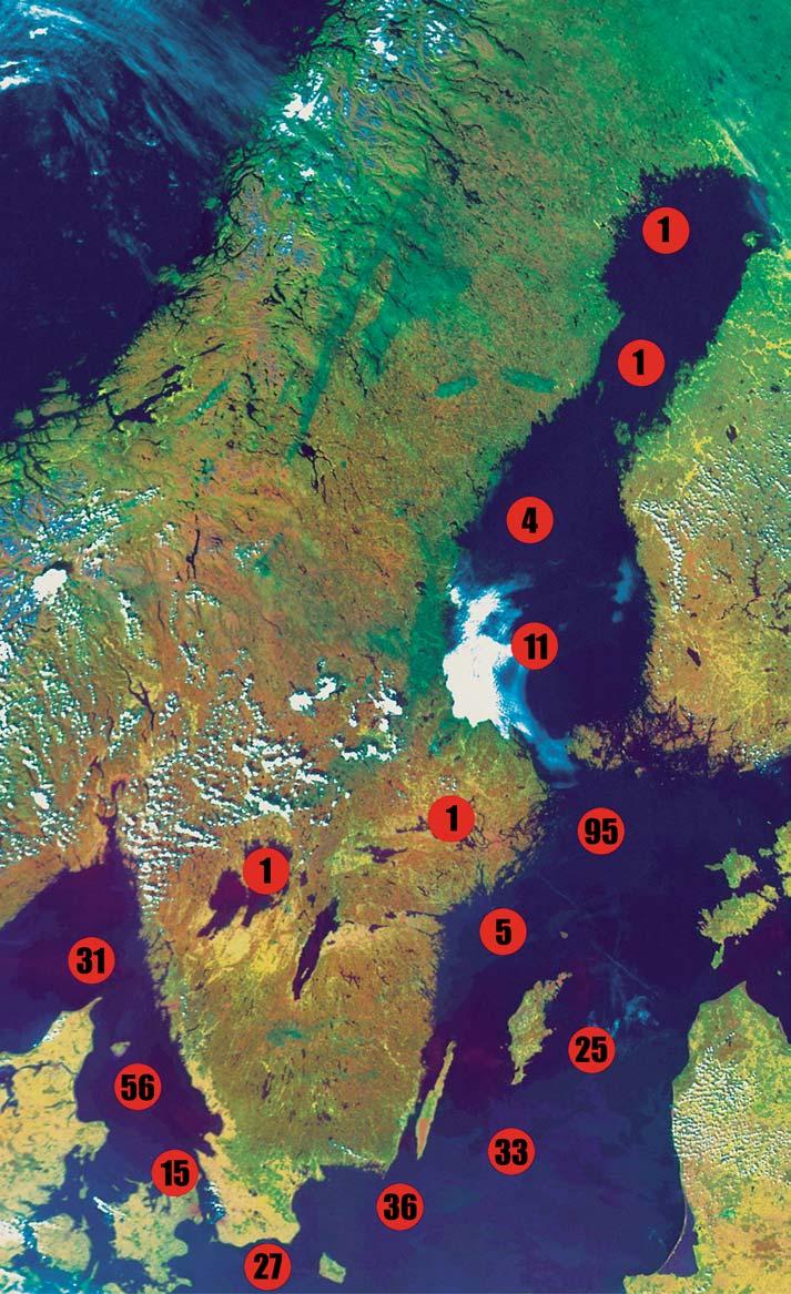 KUSTBEVAKNINGEN Siffrorna visar antalet upptäckta utsläpp i respektive område under 2004. Den geografiska fördelningen av utsläppen visar att många utsläpp sker i de stora fartygsstråken.