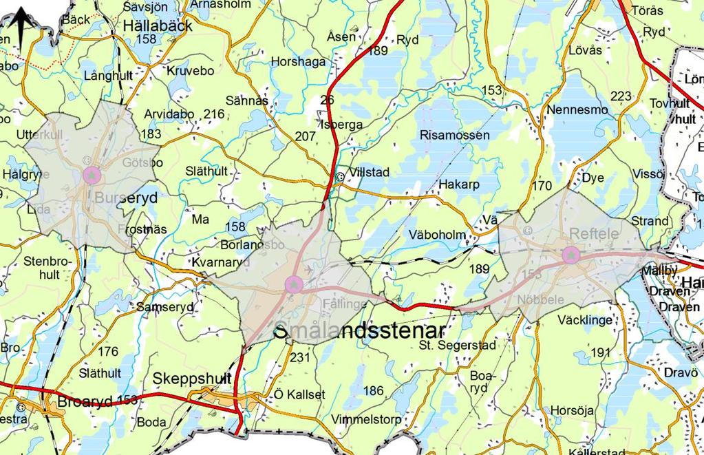 Bilden visar en anspänningstid 2,0 min (mot verklighetens 1,5 min), körtid 8,0 min. Figur B3.2. Insatstid 10 min för Burseryd, Smålandstenar och Reftele.