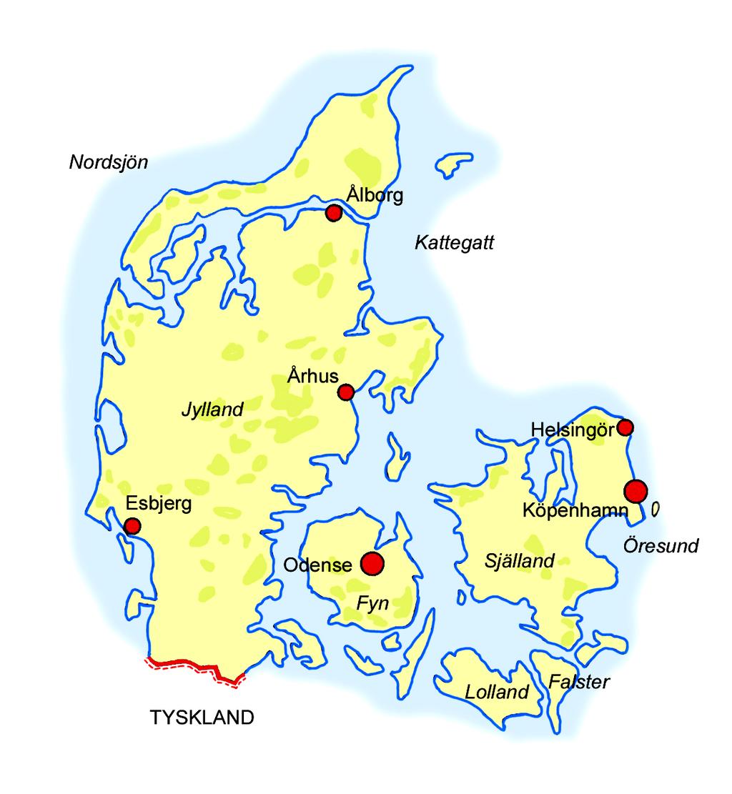 ENKEL Europas länder 5 Danmark Viktiga städer och platser Huvudstaden Köpenhamn är Nordens näst största stad. Vid hamnen beundrar många turister den vackra skulpturen Den lille havefruen.
