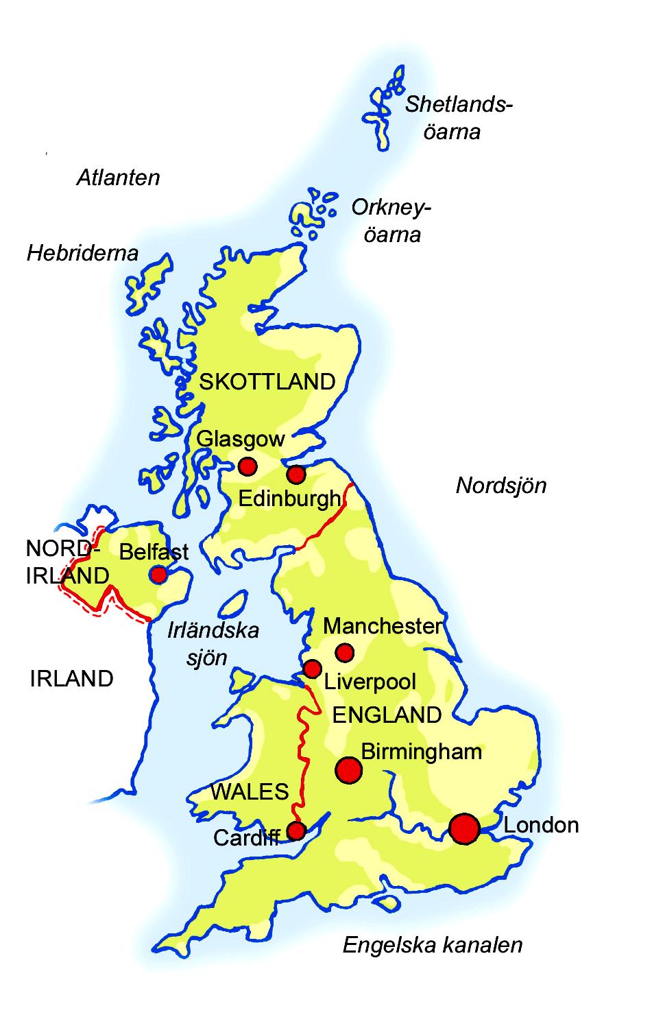 ENKEL Europas länder 21 Storbritannien Viktiga städer och platser Storbritanniens huvudstad heter London. Den ligger vid floden Themsen i södra England.