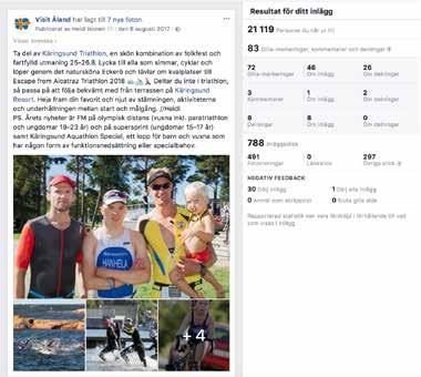 Ett annat exempel på organiska inlägg (inte köpt synlighet) som nådde över 20 000 personer och fick flera hundra reaktioner är bildcollaget om Käringsund