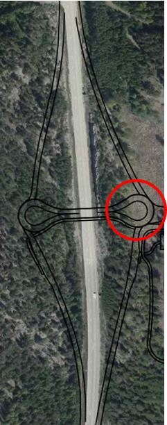 B B C C A A Figur 4-3 Trafikplatstyp ruter-droppe Figur 4-4 Trafikplatstyp trumpet Belastningsgraden för båda trafikplatstyperna underskrider 0,8 i prognosåret (år 2040).