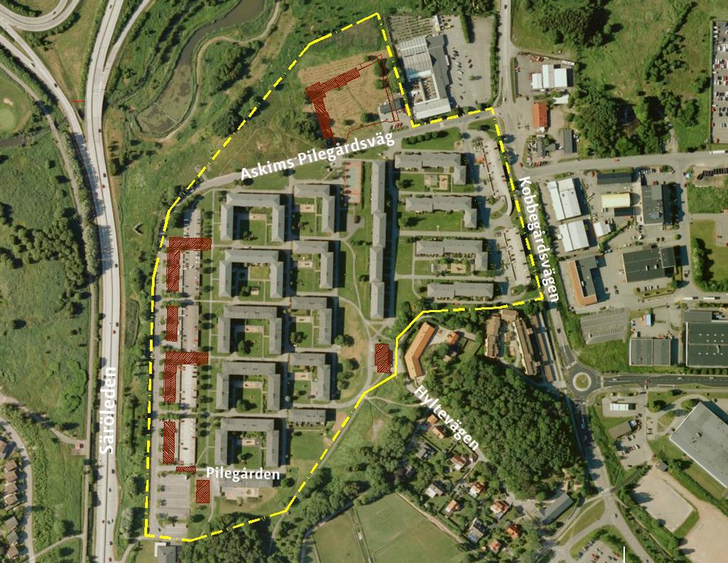 Uppdragsnr: 701876 Geoteknisk utredning för detaljplan inom Pilegården 6 (12) Området begränsas i stort av vägarna Askims Pilegårdsväg i norr och väster, Kobbegårdsvägen i öster samt en cykelväg i