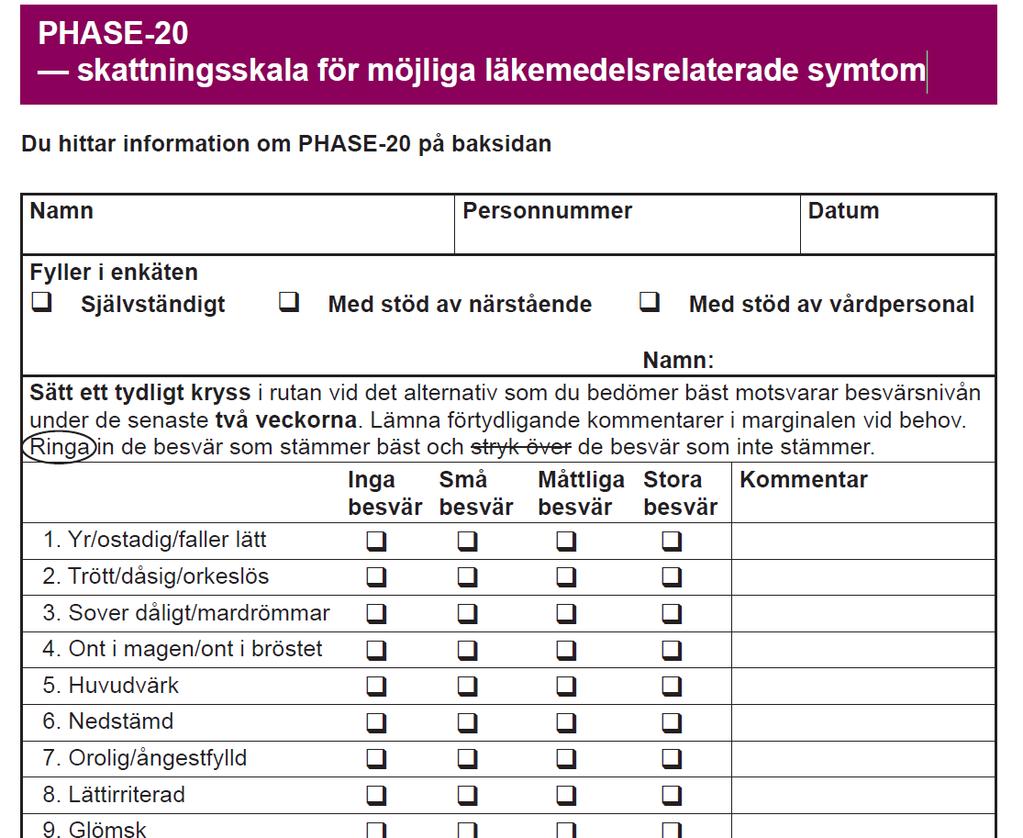 Symtomskattning - PHASE-20 patientversion patienten