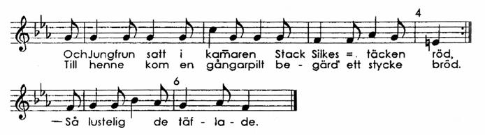 Den andra representerar tradition från Enviken, Dalarna senast 1944, troligen efter Anna Sjöbom (181 X): Greta Naterbergs melodi är, liksom hennes textvariant, personligt utformad med stor användning
