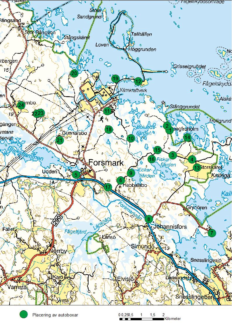 Figur 2-2. Totalt 24 autoboxar placerades ut i Forsmarksområdet.