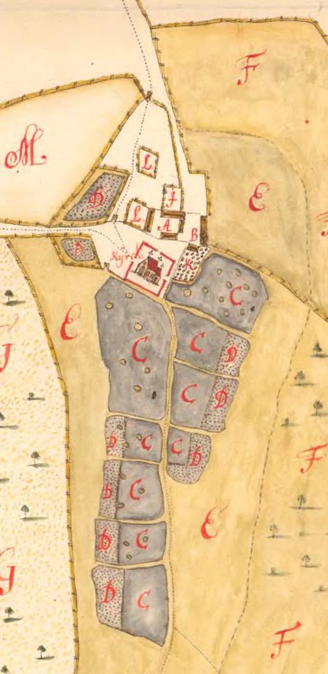 På kartan från 1696 syns tydligt kyrkan och åkrarna söder om kyrkan, som sammanfaller med