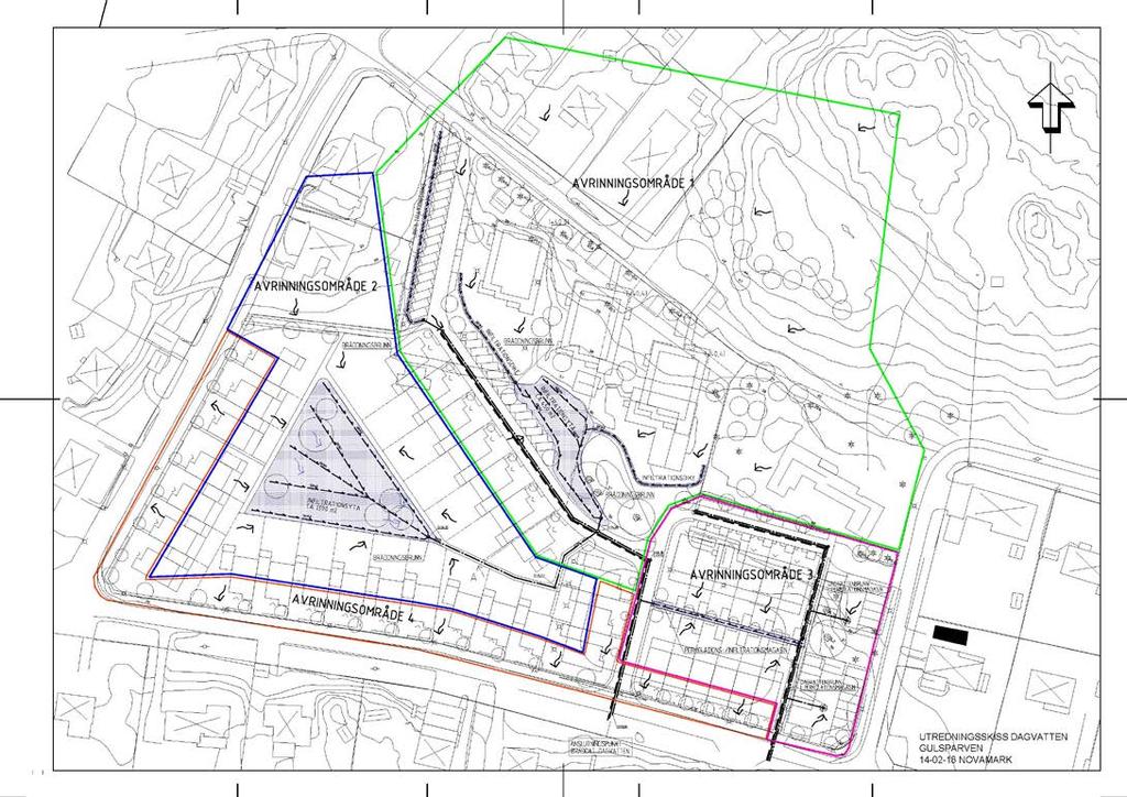 Avrinningsområden För att förenkla denna utredning och göra den tydlig h planområdet delats in i fyra avrinningsområden. Det totala avrinningsområdet för Kv. Gulspven motsva en yta av cirka 3,6 ha.