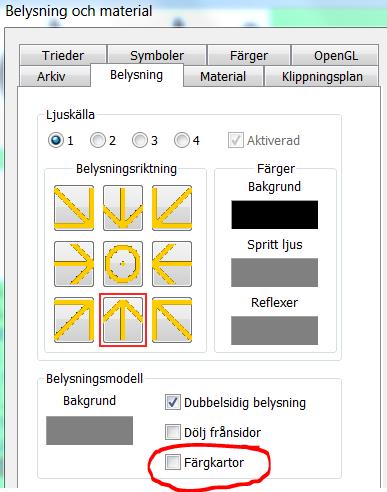 Belysningsegenskaper på färgkartor. (2015.1) Med en kryssruta anger du om PC-DMIS ska använda belysningsegenskaperna på fliken Belysning och material för färgkartorna.