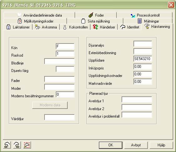 Härstamning: Kön (För hondjur: F och handjur: M.) Raskod (Ange den siffra som motsvarar djurets ras, se SvenskMjölks information för koder.