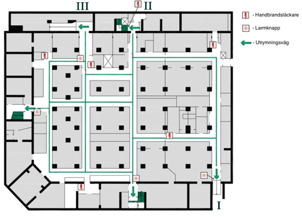 3.2 Utrymningsvägar Samtliga utrymningsvägar samt tillhörande utrymningsplaner för respektive del av Östermalms Saluhall presenteras i avsnittet nedan. 3.2.1 Källarplan I källaren finns fem utrymningsvägar varav en, I, leder direkt ut i det fria.