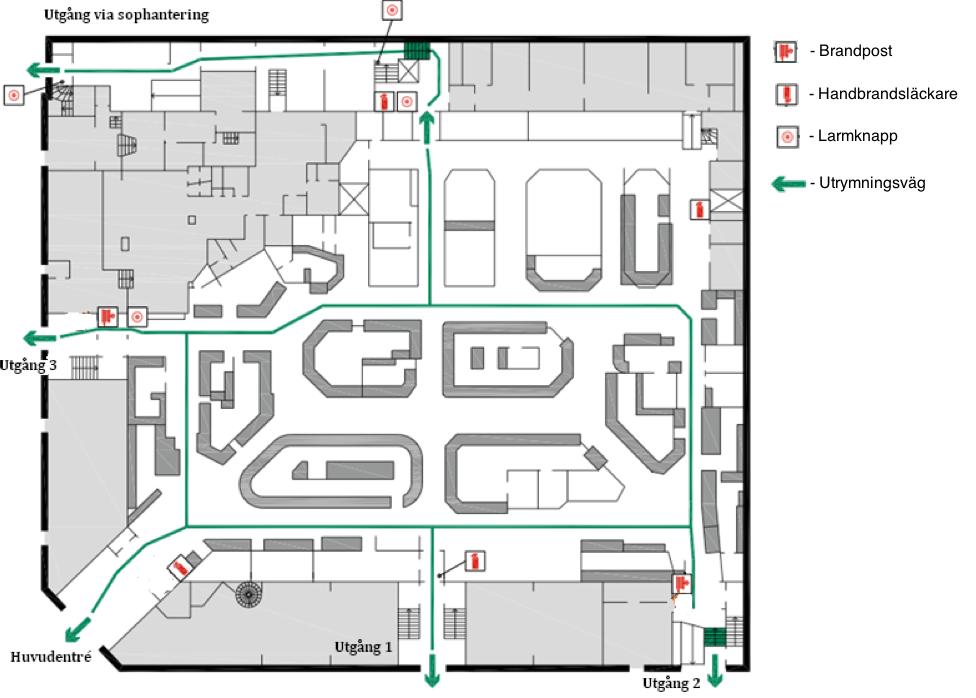 Figur 3.5 Utrymningsplan saluhallsplan. 3.2.2.1 Huvudentrén Stora huvudentrén i anslutning till Östermalms torg är den entré vilken förväntas användas mest både som in och utgång.