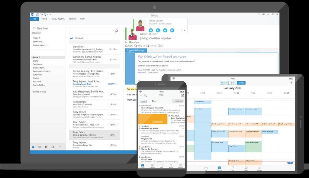 E-post och kalender var du än är Office 365 hjälper teamet att hålla kontakten, både på och utanför kontoret, med e-post och kalendrar som är tillgängliga var ni än är.