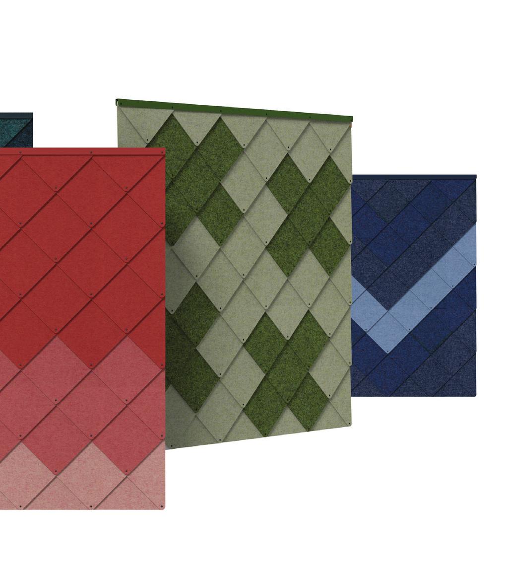 FÄRGER & MÖNSTER Scales filtplattor kan tillverkas i ett brett utbud av färger och kan kombineras fritt för att skapa olika mönster, vilket ger ett lekfullt och attraktivt utseende.