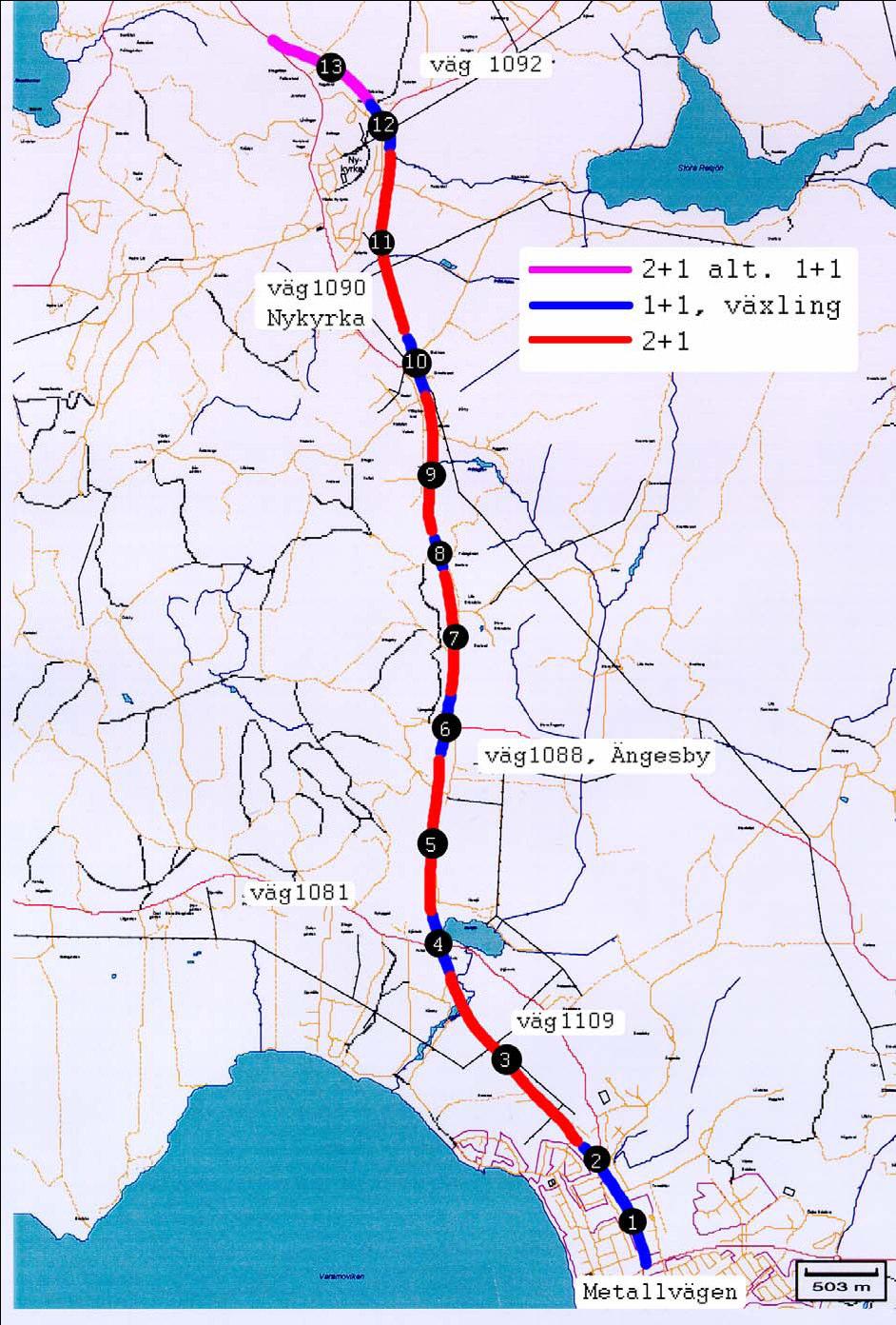 Studerade vägobjekt Blir det mer trafiksäkert för de olika trafikantslagen att färdas på vägen efter ombyggnaden Efterföljande bilder och tabell visar föreslagen uppdelning av körfälten.