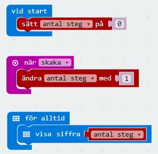 Stegräknare Räkna skakningar Visa antalet skakningar på displayen För att kunna räkna skakningarna behöver microbiten en minnesplats att spara talet på, en variabel.