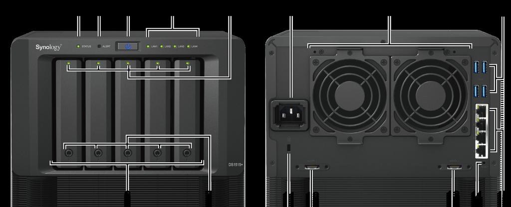 En översikt av Synology DiskStation Nr. Artikelnamn Plats Beskrivning 1 Statusindikator 2 Larmindikator 3 Strömbrytare 4 LAN-indikator 5 Disk statusindikator Framsida Visar status för systemet.