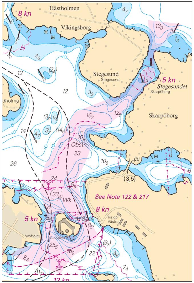 2014-05-22 5 Nr 495 Området mellan Södra Vaxholmsfjärden och Stegesundet har nyligen sjömätts. Flera vrak påträffades men endast mindre förändringar av djup.