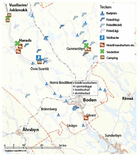 Fritids- och turismutbudet Figur 7 visar att fritids- och turismutbudet på landsbygden har koncentrationer främst till Harads och Gunnarsbyn samt till Övre Svartlå, som ca 2 km åt nordost har den