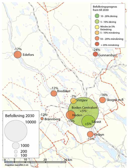 Befolkningsprognos Kommunen har genomfört en befolkningsprognos (figur 11) till 2030 baserat på befolkningssammansättningen i de olika kommundelarna.