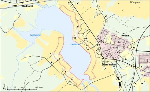 Område 1E Heden A och 1F Heden B Växt- och djurliv samt naturmiljö LIS-område 1E utgörs av sjön Hedavans sydvästra strand och består av jord-bruksmark och öppen mark med ett antal större gårdar.