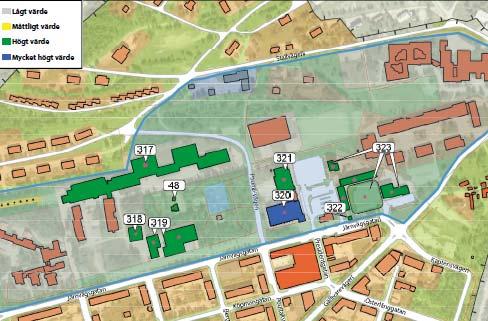 Urklipp ur kulturmiljöanalysen, som visar att det inte finns något bevarandevärt objekt inom planområdet, men däremot en värdefull kulturmiljö.