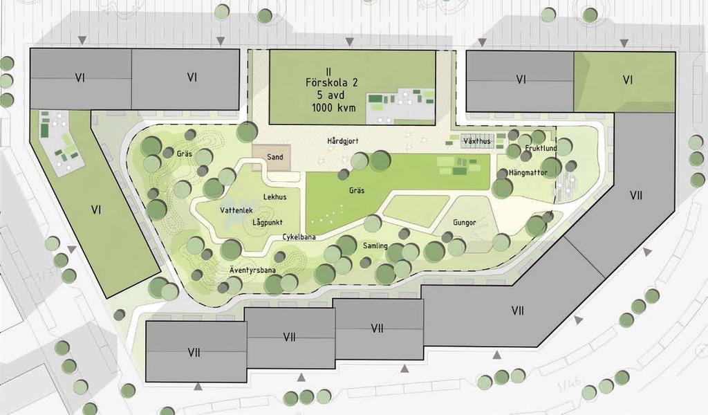 Förskolor i storkvarter Förskola 1 och 2 kommer placeras i de två storkvarter som planeras i områdets södra del.