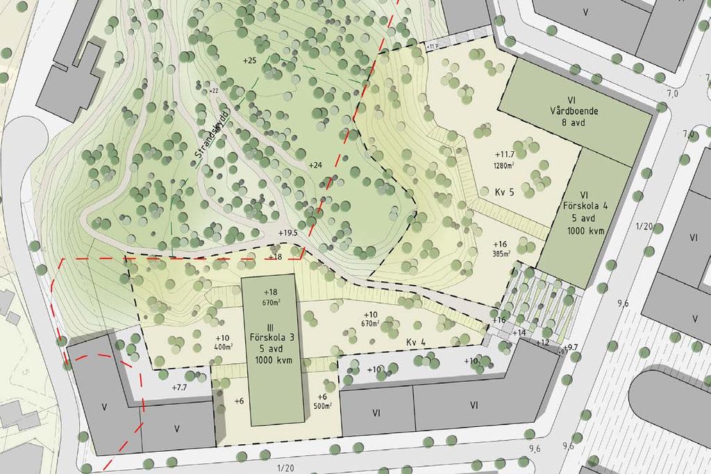 Med sin befintliga utformning med branta sluttningar går inte kullen att utnyttja som skolgård utan att åtgärder görs. Genom att terrassera förskolegården kan plana och användbara platser skapas.