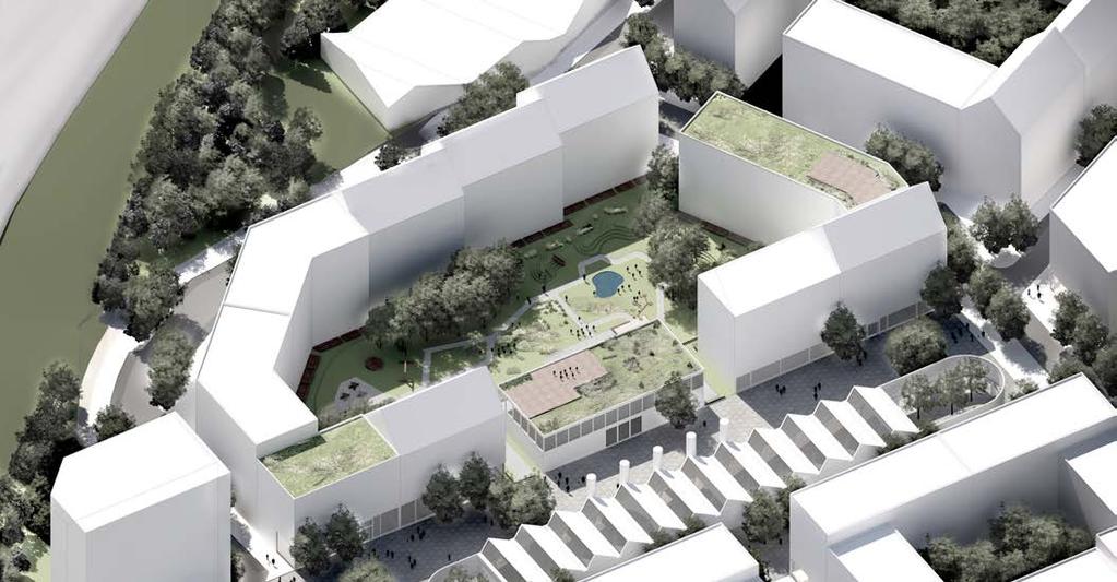 Typkvarter Kvarter 2 Hanterar trafikbuller från motorvägen Byggnadsskärm som skydd för luftföroreningar Öppningar mellan byggnader Högre