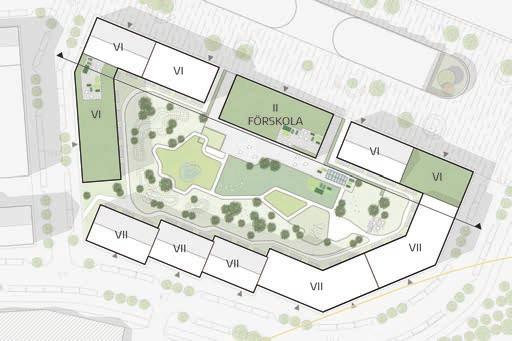 Underbyggd med garage i 1-2 plan Byggnader i souterräng Friliggande förskola Gårdsrum som fungerar som förskolegård med slitagetålig och varierande