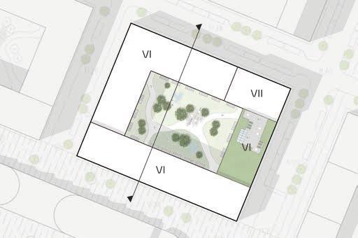 liten innergård Gård med regnträdgård som fördröjer dagvatten Plan Sektion