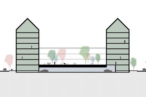 med uteplatser mot gård Gård med regnträdgård som fördröjer dagvatten Plan Sektion