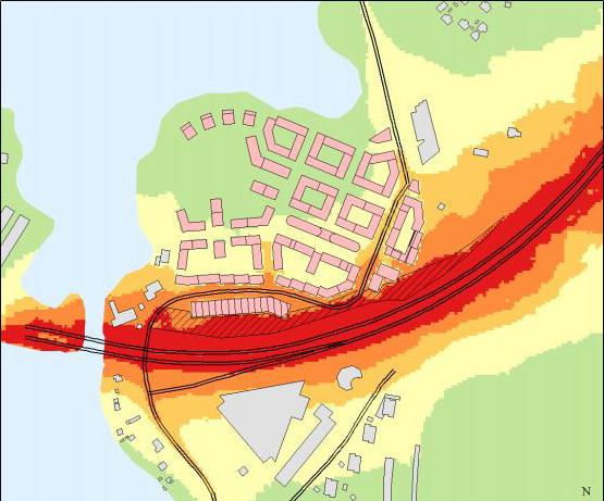 Spridningsberäkningar har gjorts för den nya stadsdelen och beräkningarna visar att miljökvalitetsnormen för NO 2 klaras inom hela området och även längs E4/E20 utom på delar av vägbanan trots höga